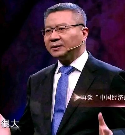 图片中是一位穿着黑色西装、蓝色领带的中年男性，他戴着眼镜，佩戴着耳麦式麦克风，正在进行演讲。背景是深色的舞台效果，右下角有文字"再谈'中国经济'"，左下角有文字"很大"。男子表情严肃，双手张开，似乎在强调某个观点。