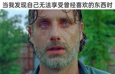 这是一张由影视截图改编的表情包，图片主体是美剧《行尸走肉》中的主角瑞克·格莱姆斯，他双眼泛红，满脸泪痕，神情悲伤绝望，脸上挂着未干的泪水，整个人呈现出崩溃痛苦的状态。图片上方配有文字“当我发现自己无法享受曾经喜欢的东西时”，用瑞克极度悲伤的表情，具象化人们在发现自己失去了对曾经热爱事物的兴趣时的失落、难过甚至无力的感受，这种情绪很容易引发大众共鸣，因为很多人都有过类似经历，比如曾经痴迷的爱好、爱吃的食物，某一天突然无法从中获得快乐，这种变化带来的空虚感被这个表情包精准传递了出来。