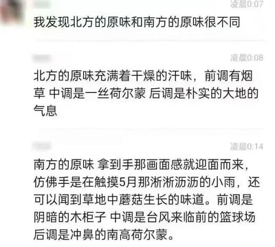 这是一张聊天记录截图，展示了用户对北方和南方'原味'的幽默对比。对话中用香水的前调、中调、后调比喻，北方的原味被描述为干燥汗味、烟草、荷尔蒙和大地气息；南方则是淅淅沥沥的小雨、蘑菇生长味、阴暗木柜子、台风前篮球场和冲鼻荷尔蒙，充满画面感和调侃意味。