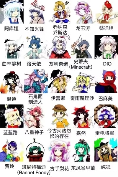 这是一张由25张东方Project角色立绘为底图的拼贴梗图，每张图都给原本的东方角色标注了完全不相关的其他ACG角色、游戏角色、真实名人或网络梗的名字，玩了大量的错位玩梗的搞笑效果：比如将十六夜咲夜标注为DIO，博丽灵梦标注为嘉然，还有「石鬼面制造人」「令古河渚怨恨的存在」这类结合作品剧情的恶搞标注，以及龙玉涛、蓝蓝路、蔡徐坤这类网络知名梗的加入，通过东方角色的脸与其他作品/梗的名字强行关联，制造出荒诞的搞笑感，是ACG圈爱好者的玩梗创作。
