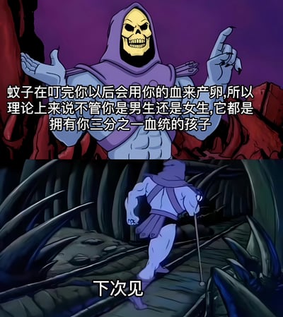 这是一张上下两格的拼接梗图,使用了《宇宙的巨人希曼》中的经典反派角色骷髅王(Skeletor)的动画截图。上半部分中,骷髅王站在紫色背景前,左手摊开,右手食指指向上方,做出讲解的姿态。图片上覆盖着一段文字:'蚊子在叮完你以后会用你的血来产卵,所以理论上来说不管你是男生还是女生,它都是拥有你三分之一血统的孩子'。下半部分则是骷髅王拄着拐杖,快步走进一个充满尖刺的黑暗通道,背景为深色岩石洞穴,底部配有文字'下次见'。整个梗图通过骷髅王一本正经解释荒谬理论的反差感制造幽默效果。