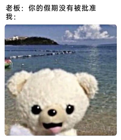 这是一张针对职场请假痛点创作的搞笑梗图，上方文字呈现老板的对话：‘你的假期没有被批准’，下方则用一张在海边的毛绒小熊玩偶照片作为‘我’的回应。小熊睁着圆溜溜的大眼睛，表情看起来十分开心惬意，身处清澈的海边背景中，营造出已经在享受度假的氛围。通过这种画面与文字的反差，幽默地表达了打工人面对老板不批假时，不管不顾直接开启度假模式的摆烂心态，精准戳中职场人假期难批的无奈与想要逃离工作的心情。