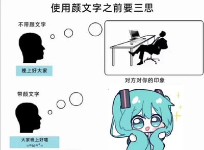 这是一张搞笑对比梗图，顶部标注核心主题“使用颜文字之前要三思”，内容分为上下两部分做对照：上半部分是不带颜文字的场景，发送的消息为普通的“晚上好大家”，对方对你的印象是坐在办公桌前、姿态放松的成熟职场人士剪影；下半部分是带颜文字的场景，发送的消息为软萌的“大家晚上好喵 ≧ω≦*”，对方对你的印象直接变成了可爱的Q版初音未来，整体通过夸张的形象反差，调侃了在社交沟通中使用颜文字会大幅改变他人对你的感知印象的有趣现象，风格轻松搞笑。