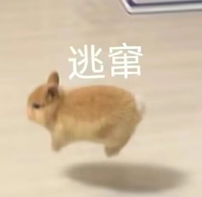 画面中一只棕色的小兔子正在快速奔跑，身体呈现出向前冲刺的动态姿态，耳朵竖起，眼神专注。兔子上方有醒目的白色大字“逃窜”，直接点明了它的行为状态。背景是单一的浅色平面，突出了兔子的主体地位。整体给人一种活泼、有趣的感觉，常被用来幽默地表达想要逃离某种场景或状况的心情。