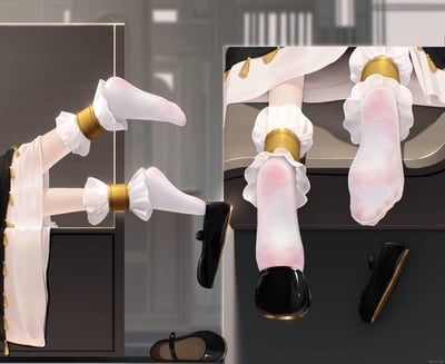 这是一张由两个画面拼接而成的3D渲染二次元插画，展示了身着带有金色束环的白色花边短袜的少女腿部细节：
- 左侧画面：少女双腿从柜体旁伸出，一只脚穿着黑金色玛丽珍鞋，另一只脚裸露，姿态随性放松
- 右侧画面：少女双脚悬空，鞋子脱落，露出带有淡粉色晕染的袜底，呈现俯视视角的特写
整体画面精致细腻，画风偏向日系二次元，无谐音梗或双关暗示内容。
