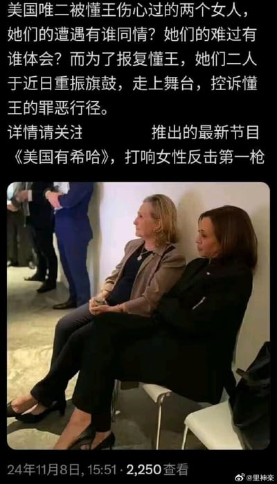 图片上方为大段文字，内容虚构称美国两位女性因被“懂王”伤害而联手推出节目《美国有希哈》控诉其行径。下方配图为两位女性靠墙坐立的合影，背景有其他人物。文字中“美国有希哈”谐音“美国有嘻哈”，属于谐音梗创作。