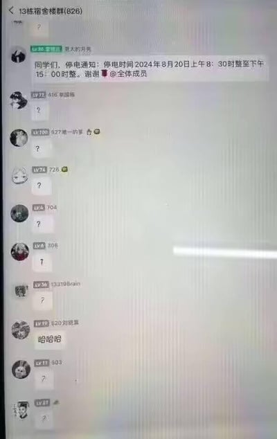 该图片为微信宿舍群聊“13栋宿舍楼群(826)”的聊天记录截图。群内用户“星木的月亮”发布停电通知：“同学们，停电时间2024年8月20日上午8:30时至下午15:00时整。谢谢！@全体成员”，下方有多位群成员用问号表情回应，另有用户“520刘能勇”发送“哈哈哈”。整体展示了宿舍群内通知发布及成员即时反应的日常场景。