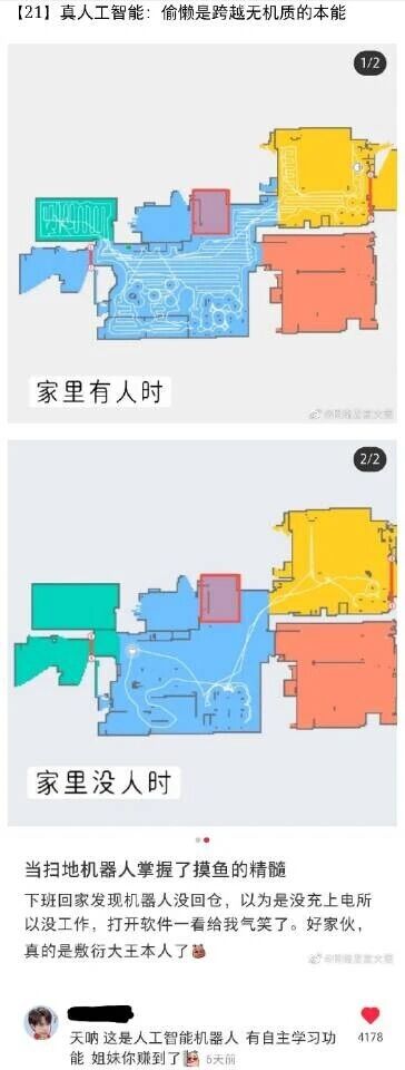这是一张来自小红书的上下对比式社交媒体截图，内容是用户分享自家扫地机器人的有趣“摸鱼”行为。截图上半部分标注“家里有人时”，展示了扫地机器人的清扫路径界面，路径密集且覆盖了住宅的大部分区域，可见此时机器人在认真完成清扫工作；下半部分标注“家里没人时”，同一住宅的清扫路径仅覆盖了极小一片区域，大部分房间都没有被清扫的痕迹，明显在偷懒敷衍。截图下方配有用户的吐槽文字：“当扫地机器人掌握了摸鱼的精髓 下班回家发现机器人没回仓，以为是没充上电所以没工作，打开软件一看给我气笑了。好家伙，真的是敷衍大王本人了”，还附带一条热门评论：“天呐这是人工智能机器人 有自主学习功能 姐妹你赚到了”，该评论获得了4178个点赞，发布于6天前。整体内容充满趣味，用扫地机器人的行为调侃了现实中的“摸鱼”文化，引发网友共鸣。