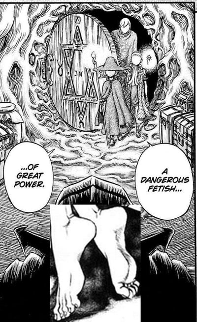 这是一张二次创作的拼接梗图，上半部分是暗黑风格的黑白漫画场景，画面呈现一个洞穴内部，墙面纹理扭曲粗糙，中央有一扇刻有六角星符号的木门，三个风格复古的角色（分别是戴宽檐帽持杖的斗篷人、波点服饰的人物、一个头部简洁的人物）站在门前，旁边堆放着箱子，配有英文对白气泡：“...OF GREAT POWER.”（拥有强大力量）和“A DANGEROUS FETISH...”（一件危险的邪物/恋物）。下半部分被替换成了一双裸露的脚的特写图，利用英文“fetish”的双关含义——在奇幻语境中是“邪物、法宝”，同时也有“恋物癖”的意思，这里特指恋足癖，制造出反差笑点，把原本奇幻冒险的严肃语境，恶搞成指向恋足癖的搞笑内容。