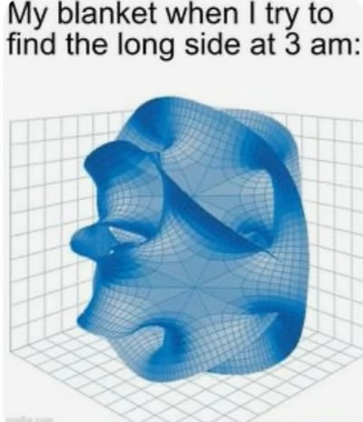 图片上方配有文字“My blanket when I try to find the long side at 3 am:”，下方是一个蓝色的、复杂扭曲的3D网格抽象形状，背景为白色网格。该梗图通过将凌晨3点试图找到毯子长边时的混乱体验，幽默地比喻为面对一个无法简单定义形状的复杂物体，展现了日常生活中常见的小困扰，引发共鸣。