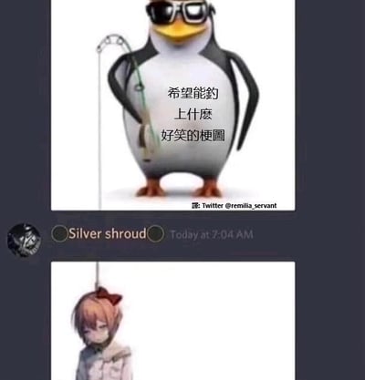 图片为上下两格多图拼接的搞笑梗图。上格是一只戴着墨镜、表情酷拽的企鹅，双手叉腰手持钓鱼竿，身体中央配有文字“希望能钓上什么好笑的梗图”，展现出想寻找有趣内容的期待感。下格则是一位粉色短发、系着红色蝴蝶结的女孩，低着头被钓鱼线吊起，形成“钓到梗图”的意外结果，营造幽默反差。底部有类似社交媒体评论区的界面，显示用户“Silver shroud”在“Today at 7:04 AM”的发布记录。
