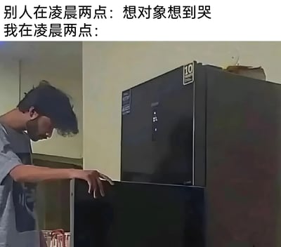 这张梗图通过对比手法展现了两种不同的深夜生活状态。上方文字写道"别人在凌晨两点：想对象想到哭 我在凌晨两点："，下方配图是一名年轻男子正专注地打开冰箱门。图片通过幽默的方式表现了单身人士与恋爱中人士在深夜的不同状态，形成了有趣的反差萌。