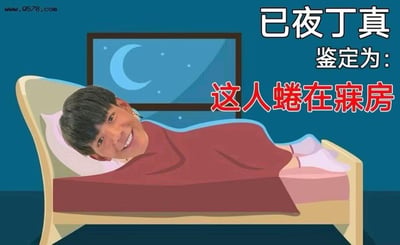 这是一张网友自制的合成梗图，画面背景是夜晚的卧室，窗外能看到月亮和星星，卡通床铺上的人物头部被替换成了真实人物丁真的笑脸头像，人物盖着红色被子躺在床上。图中配有文字“已夜丁真 鉴定为: 这人蜷在寐房”，其中“已夜丁真”谐音“一夜丁真”，“蜷在寐房”谐音“全在美方”，玩了谐音梗，模仿了网络上“鉴定为”系列梗图的格式，整体风格诙谐有趣。