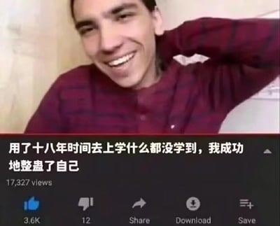 这是一张带有中文字幕的视频截图，画面上半部分是一位穿着酒红色格子长袖上衣的年轻白人男子，他将一只手臂搭在头后，面带轻松笑容，神情带着自嘲感；画面下半部分是类似YouTube的视频播放界面，界面上标注了该视频的观看量为17327次，点赞3.6K，点踩12次，还有分享、下载、保存的功能按钮，同时配有中文配文“用了十八年时间去上学什么都没学到，我成功地整蛊了自己”。整体内容是对上学多年却没收获的自嘲调侃。