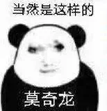 这是一张经过P图改编的个性化熊猫头表情包，创作者将名为“莫奇龙”的真人脸部图像替换到经典熊猫头表情包的模板中，图像上方配有文字“当然是这样的”，底部标注“莫奇龙”字样。该表情神态笃定，传递出认同、肯定的态度，属于搞笑风格的表情素材，适合在聊天场景中用来表达对他人观点的认可。