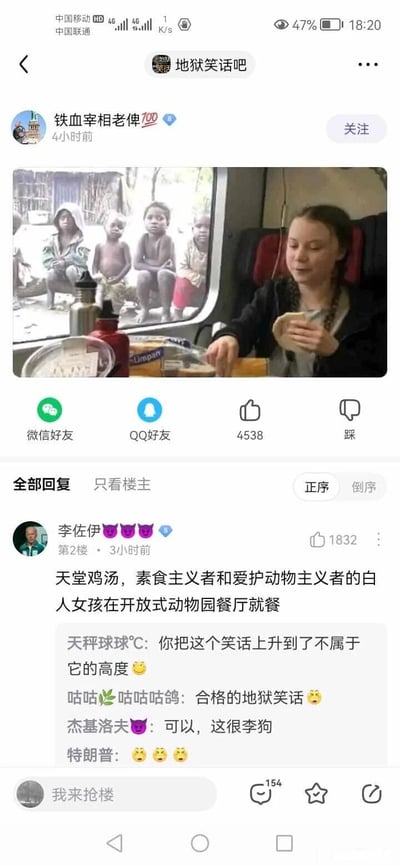 这是百度贴吧“地狱笑话吧”的一则帖子，用户“铁血宰相老俾💯”发布了一张合成图像：知名环保素食主义白人女孩格蕾塔·通贝里坐在餐车内用餐，窗外是几名蹲在地上的非洲贫困孩童，通过这种画面制造强烈的贫富与种族对比。楼层中用户“李佐伊”的评论将其解读为“天堂鸡汤，素食主义者和爱护动物主义者的白人女孩在开放式动物园餐厅就餐”，把非洲孩童暗喻为“动物园里的动物”，是典型的地狱笑话——以尖锐、冒犯的方式调侃敏感的种族、贫富差距以及部分环保主义者的虚伪性，后续的回复也认可这是合格的地狱笑话，进一步强化了这个荒诞讽刺的笑点。