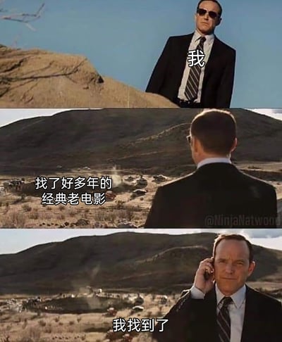 这是一张由三格影视截图改编而成的连环梗图，第一格画面里，身着西装墨镜的男子被标注为“我”，站在土坡上眺望远方；第二格呈现该男子的背影，前方荒漠中的区域被标注为“找了好多年的经典老电影”；第三格中，男子手持手机，配文“我找到了”。整组图通过场景类比，生动刻画出影视爱好者终于找到寻觅许久的心仪老电影时的激动与释然，能引发同好的情感共鸣。