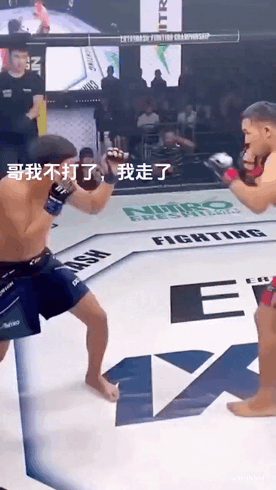 这是一段MMA综合格斗赛场的动态图，画面中左侧的拳手摆出类似要逃离赛场的姿势，图上添加了文字“哥我不打了，我走了”，与格斗赛场本该激烈对抗的氛围形成强烈反差，制造出搞笑的效果。该梗图常被用来调侃自己想要放弃、不想继续面对当前困境或任务的心情，用夸张的赛场认怂场景来放大想要逃避的情绪，没有双关、谐音梗等特殊隐含内容。