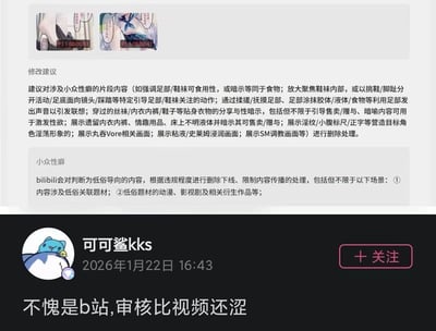 图片展示了B站关于小众性癖内容的审核建议截图，顶部包含两张视频缩略图（显示足部、鞋袜相关画面及时间戳P1 00:00:03和P1 00:00:47）。中间主体为“修改建议”和“小众性癖”说明文字，详细列举需删除的内容类型（如足部特写、贴身衣物性暗示、Vore/SM相关画面等）及B站对低俗内容的处理规则。底部是用户“可可鲨kks”于2026年1月22日16:43发布的评论，吐槽“不愧是b站,审核比视频还涩”。整体为图文混排的社交媒体截图，无谐音梗或双关含义。