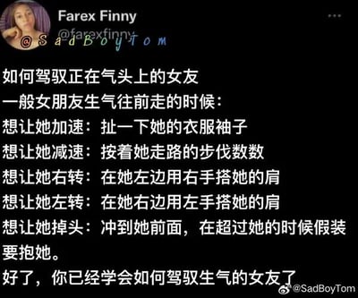 这是一张社交媒体截图，内容为一篇以幽默调侃语气撰写的“如何驾驭正在气头上的女友”指南。图中详细列出了多种“操作方法”，包括通过扯衣袖让生气的女友加速、按步伐数数让她减速、搭肩引导转向以及假装抱她使其掉头等，最后以“好了，你已经学会如何驾驭生气的女友了”收尾，整体风格轻松搞笑，旨在博人一笑。