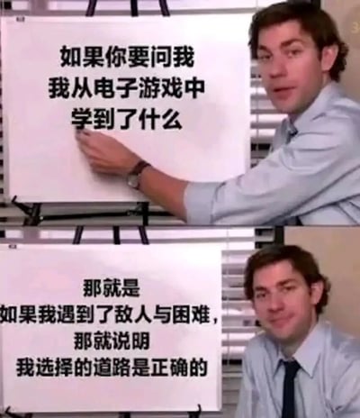 这是一张由美剧截图拼接而成的二次创作梗图，分为上下两部分。上图中，角色手指白板，白板上写着“如果你要问我我从电子游戏中学到了什么”；下图中，角色面带微笑看向镜头，白板上的文字给出答案：“那就是如果我遇到了敌人与困难，那就说明我选择的道路是正确的”。该梗图将电子游戏中的常见机制——遭遇敌人意味着走在正确的通关路线上——转化为人生励志感悟，用幽默的方式传递了“困难是正确道路的佐证”这一积极心态，适合在人们遇到挫折时用来自我鼓励或激励他人。