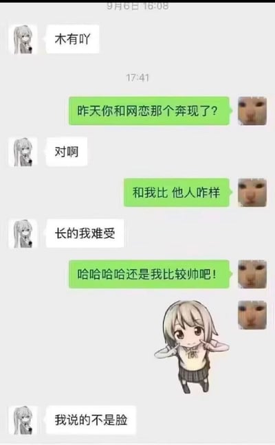 这是一张聊天记录截图，左侧用户使用动漫头像，右侧用户头像为模糊人脸。对话始于右侧询问“昨天你和网恋那个奔现了？”，左侧回应“对啊”。当右侧追问“和我比 他人咋样”时，左侧答“长的我难受”，右侧得意回复“哈哈哈哈还是我比较帅吧！”，最后左侧神转折：“我说的不是脸”。截图底部配有一个双手比耶放在脸颊旁的俏皮动漫小人，整体通过对话反转制造幽默效果。