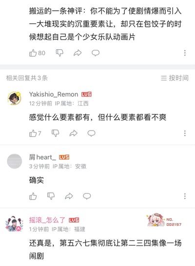 图片为社交媒体评论区截图，展示了一条被搬运的‘神评’吐槽某少女乐队动画：为追求剧情爆点引入大量现实沉重要素，却仅在包饺子场景才想起自身‘少女乐队动画’的定位。评论获80点赞，下方有三条相关回复，用户‘Yakishio_Remon’称‘感觉什么要素都有，但什么要素都不爽’，‘屑heart_’回复‘确实’，‘摇滚_怎么了’则表示‘第五六七集彻底让第二三四集像一场闹剧’。整体反映了观众对该动画剧情连贯性和要素融合的不满。