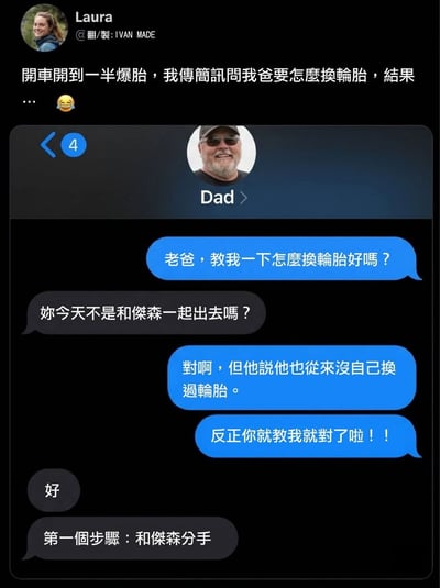 这是一张经过翻译改编的中文社交聊天截图，分享者Laura称自己开车途中发生爆胎，因此发消息向父亲请教更换轮胎的方法，随后晒出了两人的聊天对话：Laura向父亲请教换轮胎方法，父亲询问她是不是和杰森一同出行，Laura确认后说明杰森也从来没有自己换过轮胎，坚持让父亲教自己，没想到父亲回复换轮胎的第一步是和杰森分手，内容充满反差搞笑感，体现出老丈人对不会换轮胎的准女婿的不满，是一张网络搞笑梗图。