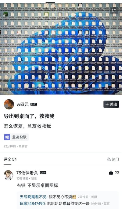 图片展示了一张社交媒体帖子截图，上方是电脑桌面截图，整个屏幕被密密麻麻的文件夹图标覆盖，几乎看不到原始桌面背景。下方是用户“w四元”（等级21）发布的求助内容：“导出到桌面了，救救我 怎么恢复，盒友救我”，发布于22分钟前，地点显示为内蒙古，归类在“盒友杂谈”板块。帖子下方有54条评论，热门评论中“73低保老头”（等级19）建议“右键 不显示桌面图标”，获得22个点赞；其他评论如“天尽晚霞君不见”的“眼不见心不烦”和“玩家24847490”的“哈哈哈哈掩耳盗铃这一块”则以幽默方式调侃该情况。整体内容通过夸张的桌面文件夹数量和搞笑评论，展现了用户因操作失误导致桌面混乱后的无奈与网友的趣味互动。