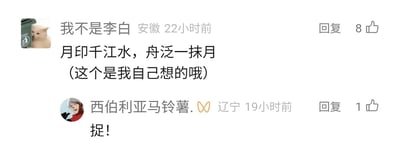 这是一张社交媒体评论区的静态截图，来自安徽的用户“我不是李白”在22小时前发布了自己原创的诗句“月印千江水，舟泛一抹月”，还特意标注“这个是我自己想的哦”，该评论收获了8个点赞；来自辽宁的用户“西伯利亚马铃薯.♾”在19小时前针对这条评论回复了一个“捉！”，该回复获得了1个点赞，整体呈现了网友在网络平台分享原创文学内容并进行简单互动的日常场景。