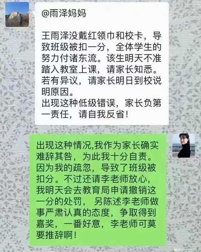 这是一张模拟中小学班级微信群的聊天记录梗图，上方是李老师发送的消息，@雨泽妈妈后，指责学生王雨泽未佩戴红领巾和校卡导致班级被扣1分，称全体学生的努力付诸东流，禁止该生次日到校上课，还要求家长自我反省，将责任全部推给家长；下方是雨泽妈妈的回复，先假意认错自责，随后话锋一转，表示要前往教育局申请撤销扣分处罚，还要为老师“严肃认真”的态度申请嘉奖，用看似配合的语气，实则阴阳怪气地回怼老师过激且不合理的要求，用讽刺的方式戳破老师小题大做、推卸责任的行为，整个对话充满了反差感和解气的效果，精准吐槽了部分教育工作者处理问题时的极端做法。