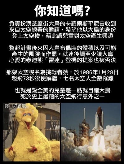这是一张图文混排的科普类梗图，上方是经过翻译的文字内容，讲述了经典儿童节目《芝麻街》里的角色大鸟的扮演者曾收到美国国家航空航天局的邀请，计划让他以大鸟的身份登上挑战者号太空梭，以此激发儿童对太空的兴趣，但最终因为大鸟布偶装的体积和安全风险，该计划连同让大鸟的泰迪熊“雷达”登机的提案都被否决。而挑战者号在1986年1月28日起飞73秒后解体，七名宇航员全部遇难，调侃全美儿童差点目睹大鸟死于这场惨烈的太空事故。图片下方左侧是《芝麻街》里大鸟惊讶的形象，右侧是挑战者号发射时的历史照片。