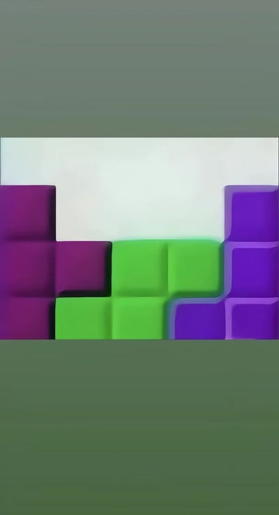 这是一张竖版3D渲染风格的静态插画，画面上下区域为深灰绿色纯色背景，中间区域展示了三个边缘经过软化处理、带有圆角立体感的俄罗斯方块造型：左侧为深紫色L型方块，中间为亮绿色Z型方块，右侧为亮紫色反L型方块，三个方块刚好契合填满中间下半部分空间，上方留有一块矩形白色空白区域，方块设计与传统硬质棱角的俄罗斯方块不同，整体造型暗藏性暗示，因此被标注为NSFW内容。