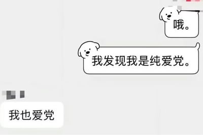 这是一张网络搞笑梗图，采用网红线条小狗的对话框形式呈现聊天对话：右上角线条小狗对话框发言“哦。”，中间线条小狗对话框发言“我发现我是纯爱党”，“纯爱党”是网络用语，指偏好纯爱恋爱内容的爱好者，左下角聊天框回复了“我也爱党”，是回复者把“纯爱党”错误断句理解为“纯？爱党”，从而产生了这个搞笑的误解，玩了文字歧义梗。