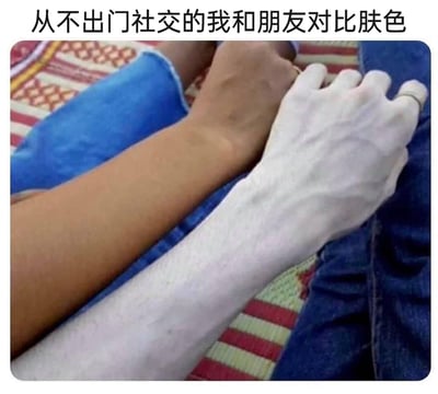 这是一张左右对比的静态搞笑梗图，图中展示了两只手臂的极端肤色差异：左侧手臂是偏深的健康小麦色，代表经常出门社交的朋友；右侧手臂是近乎苍白的极致白皙肤色，代表长期宅家、从不出门社交的自己。通过这种夸张化的肤色反差，用幽默戏谑的方式，调侃了宅家人群与经常外出人群之间的肤色区别，放大了宅文化带来的肤色变化，引发有相同经历的网友共鸣。
