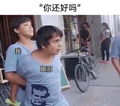 这张图是一张搞笑梗图，利用视觉错位效果，把两个穿着同款衣服的人塑造成“我”被“眼泪”紧紧抱住的场景。上方配文“你还好吗”，对应他人的关心，而“我”强装镇定抬头，不让眼泪落下，生动地表现出在别人询问时，明明已经快要崩溃，却还要强行忍住眼泪、装作没事的情绪状态，非常形象地戳中了人们在难过时强撑的瞬间。