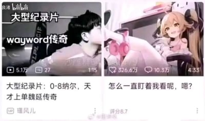这是一张左右分栏的B站视频截图拼接图。左侧是B站up主“瑾风儿”发布的电竞整活视频，封面标注“大型纪录片——wayword传奇”，其中“wayword”是“魏延”的谐音，玩了谐音梗，视频标题为“大型纪录片：0-8纳尔，天才上单魏延传奇”，以“大型纪录片”的夸张形式调侃玩家使用纳尔打出0-8的糟糕战绩，该视频播放量5.1万，评论27条，时长1分15秒。右侧是一个二次元互动类视频，封面是一位金发二次元女孩，姿态放松地坐在椅子上，视频标题为“怎么一直盯着我看呢，嗯？”，用贴近观众的互动台词吸引用户，该视频数据亮眼，点赞326.6万，评论10.3万，时长4分33秒，评分8.7。