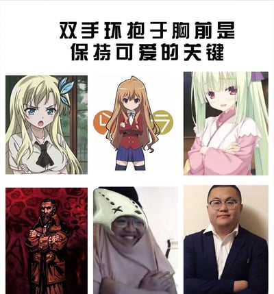 图片上方以醒目文字标注“双手环抱于胸前是保持可爱的关键”，下方采用2行3列布局拼接6张图片。上排为三位动漫女性角色，分别呈现金发惊讶、棕发严肃、绿发微笑的表情，均保持双手抱胸姿势；下排包含漫画风格男性、戴面具真人及西装男性，同样以双手抱胸姿态呼应主题。通过动漫角色与真人的姿势对比，幽默调侃“双手抱胸”与“可爱”属性的关联，形成反差萌笑点。