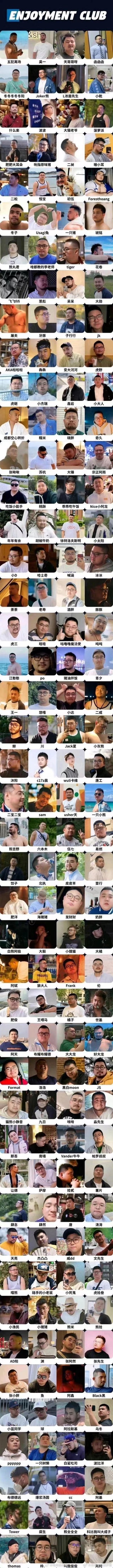 这是一张竖版超长的多图拼接集合，顶部标注标题“ENJOYMENT CLUB”，集合内包含上百张不同的真人男性头像，每张头像下方都配有专属昵称。头像照片风格多样，涵盖生活日常、搞怪自拍、户外场景等，造型和神态各不相同，是一个同性社群的成员展示汇总图。