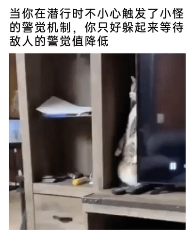 这是一张图文混排的动态图，上方配有游戏相关的文字：“当你在潜行时不小心触发了小怪的警觉机制，你只好躲起来等待敌人的警觉值降低”，图中一只猫咪躲在柜子与显示器的缝隙之间，仅露出部分身体，生动还原了潜行类游戏里，玩家触发敌人警觉后，寻找隐蔽处等待敌人警戒解除的经典场景，用可爱的猫咪画面来调侃游戏中的潜行翻车时刻，充满趣味性。