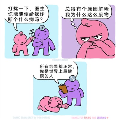这是一则三格连环卡通漫画，第一格中，粉色卡通小人拍了拍戴着听诊器的紫色医生，向医生提出了一个奇怪的请求：希望医生能随便给自己诊断一种病。第二格展现了粉色小人的内心活动，他因为自我否定觉得自己很“废物”，迫切想要找到一个“生病”的借口来合理化自己的状态。第三格中，医生拿着病历本告知粉色小人，所有的检查结果都正常，他是世界上最健康的人，听到这个结果的粉色小人瞬间崩溃，满头大汗地趴在地上，无法接受自己没有“借口”的现实。漫画用夸张幽默的方式，精准刻画了陷入自我否定的人群，试图用外部原因来逃避自身心理状态的微妙心理，充满自嘲与讽刺的趣味。