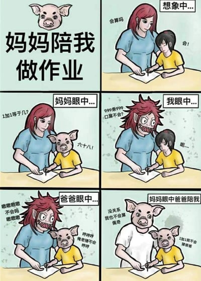 这是一幅六格连环搞笑卡通漫画，以“妈妈陪我做作业”为核心主题，通过多视角的认知反差制造强烈的喜剧效果：
1. 标题格以猪头形象搭配主题文字，埋下趣味伏笔；
2. “想象中”的场景里，妈妈温柔询问，孩子自信应答，呈现出和谐的辅导画面；
3. “妈妈眼中”，妈妈只问简单的“1加1等于几”，但孩子在她眼里是猪头，还给出完全离谱的答案“六十八”，体现妈妈对孩子答题错误的夸张不满；
4. “我眼中”，孩子觉得妈妈是张牙舞爪的恶魔，质问自己连“999乘999口算”都不会，展现孩子面对家长辅导时的压迫感；
5. “爸爸眼中”，妈妈是抓狂的恶魔，孩子是猪头，双方的状态都极度夸张，充满荒诞感；
6. “妈妈眼中爸爸陪我”的场景里，爸爸和孩子都成了猪头，还玩起了“佩奇”的谐音梗，进一步放大了家庭辅导作业的搞笑反差。
漫画通过夸张的形象设计和视角差异，精准戳中亲子辅导作业时的普遍矛盾，引发受众共鸣。