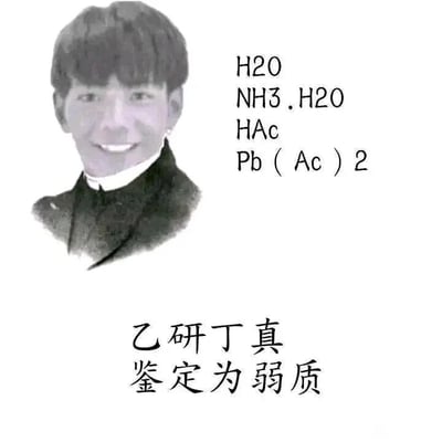 这是一张结合网络热梗与化学知识的趣味梗图，左侧是真人丁真的微笑肖像；右侧依次列出了四个化学分子式：H₂O（水，属于弱电解质）、NH₃·H₂O（一水合氨，弱碱，弱电解质）、HAc（醋酸，弱酸，弱电解质）、Pb(Ac)₂（醋酸铅，弱电解质）；图片下方配有文字“乙研丁真 鉴定为弱质”，是对网络热梗“一眼丁真，鉴定为假”的改编，“乙研”谐音“一眼”，将化学中的弱电解质调侃为“弱质”，用谐音梗的方式把网络热梗和化学知识点结合，制造出趣味效果。