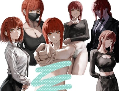 这是一张《电锯人》角色玛奇玛的同人创作合集图，共展示了6种不同风格的玛奇玛造型：左侧是扎着侧辫、身着衬衫的冷静站姿造型；上方是口罩遮面、酷感十足的站姿造型；中间是半裸被打码、握拳遮挡身体的魅惑造型；右上方是身着露脐上衣、手指抵着下巴的温柔微笑造型；右方是身着西装、侧身站立的冷冽造型；右下方是身着露腰上衣、背手站立的干练造型。画面绘制细腻，充分展现了玛奇玛的多样魅力，属于典型的二次元同人创作。