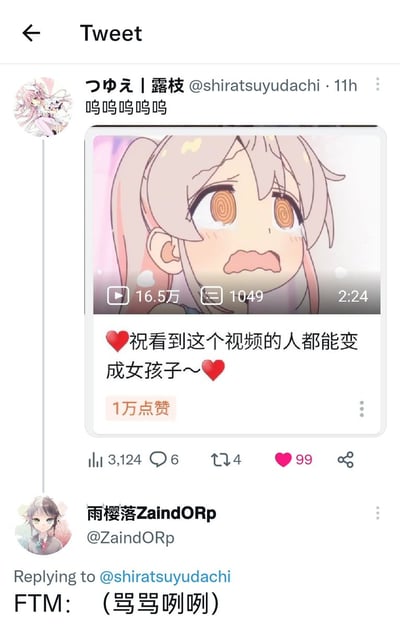 这是一张推特上的二次元梗图截图，主楼发布者用动画少女头像配上一句祝福式魔法宣言“祝看到这个视频的人都能变成女孩子”，下方有趣地配上呜呜呜呜的拟声。“FTM：呜呜呜呜”作为回复，是对“祝愿变成女孩子”话题的玩梗回应，表达了一种“身为FTM（女性变男）看到这种内容的无奈、想哭却只能呜呜呜”的搞笑、自嘲氛围。整体风格带有二次元、性别梗、魔法祝福和轻微的性别反转玩笑。

特殊说明：图中“祝看到这个视频的人都能变成女孩子”本身是一种二次元魔法梗，用于网络自我安慰/祝愿，同时也含有轻微的性别反转幽默。