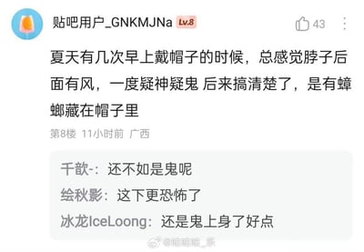 这是一张百度贴吧的评论区截图，等级为Lv.8的楼主用户分享自己的生活糗事：夏天几次早上戴帽子时总感觉脖子后面有风，一度疑神疑鬼以为闹鬼，最后才发现是有蟑螂藏在帽子里。下方三条其他用户的回复纷纷吐槽帽子里有蟑螂比闹鬼更可怕，甚至表示宁愿遇到鬼也不想碰到这种情况，整体内容充满反差感，笑点十足。