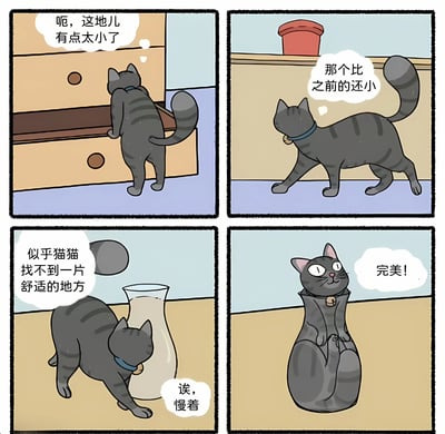四格连环漫画描绘了一只戴蓝色项圈的灰猫寻找舒适角落的过程。第一格：猫咪背对读者看着抽屉，心想“呃，这儿有点太小了”；第二格：转头看向红色罐子，内心吐槽“那个比之前的还小”；第三格：发现旁边的白色花瓶，先是疑惑“似乎猫猫找不到一片舒适的地方”，随即停顿“诶，慢着”；第四格：猫咪成功钻进花瓶，露出满足表情，心想“完美！”。整体展现了猫咪对狭小空间的执着与可爱反差萌。
