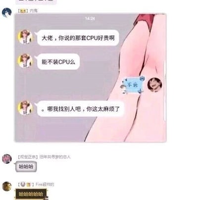 这是一张QQ群的聊天记录截图，对话中运用了“CPU”的双关谐音梗。“CPU”原本指电脑的中央处理器，而在网络语境中，“CPU”被用来指代精神控制、洗脑的行为。图中的咨询者本意是认为电脑的CPU价格过高，询问对方能不能不安装电脑CPU，而回复者发送的“不装”是玩了网络热梗的谐音，让咨询者误解为对方不愿意配合自己的需求，于是表示要更换合作对象，群内其他成员因为理解了这个双关梗的笑点而发送大笑的内容，聊天框的背景是一张露出腿部的卡通风格图片。