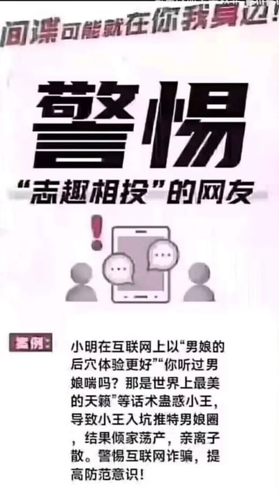 这张图片通过夸张案例提醒大家警惕以“志趣相投”为借口的网友，防止落入网络诈骗陷阱。案例中，一名网友因掉入“男娘”相关话题，被诱骗最终导致家庭破裂。整体风格偏科普宣传，旨在提高网络防骗意识，无明显双关或谐音梗，内容具有一定网络热词元素和夸张叙事风格。
