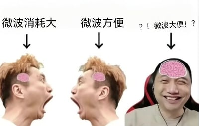 这是一张由三张真人图片拼接而成的搞笑梗图，通过人物大脑从小到大的变化，配合上方的文字制造谐音梗笑点。
第一张图中人物大脑很小，上方配文“微波消耗大”；第二张图人物大脑稍大，配文“微波方便”；第三张图人物大脑大幅变大，配文“？！微波大便！？”，利用“方便”与“大便”的谐音，形成荒诞的反差感，夸张表现出因为get到谐音梗而“大脑开窍”的场景。